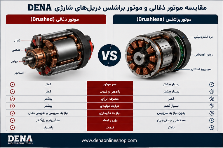 مقایسه موتور ذغالی و موتور براشلس دریلهای شارژی DENA