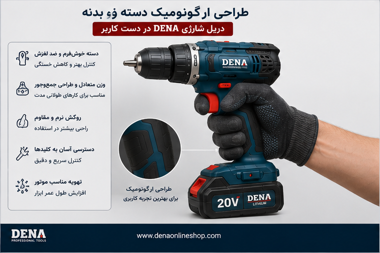 طراحی ارگونومیک دسته و بدنه دریل شارژی DENA در دست کاربر