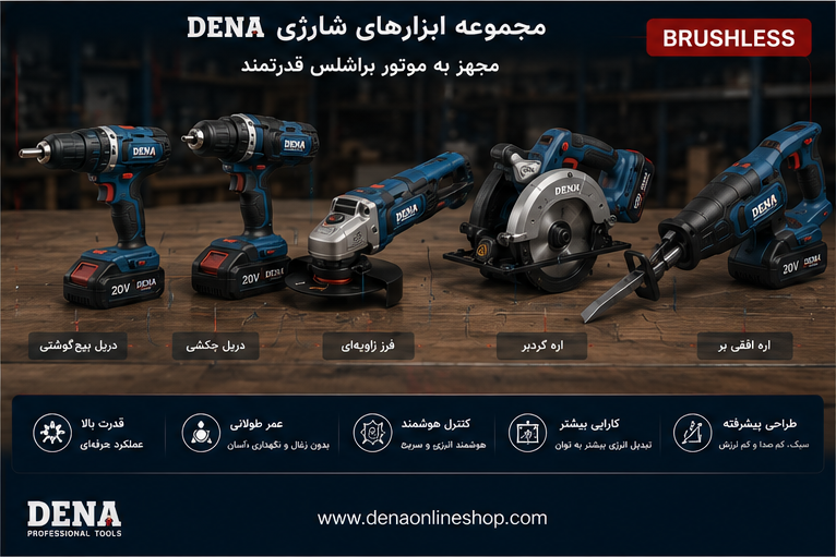 مجموعه ابزارهای شارژی DENA مجهز به موتور براشلس