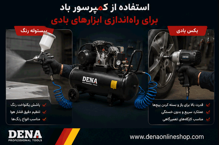 استفاده از کمپرسور باد برای راهاندازی پیستوله رنگ و بکس بادی