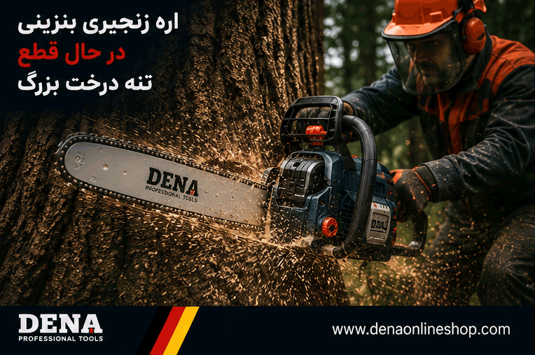 اره زنجیری بنزینی در حال قطع تنه درخت بزرگ