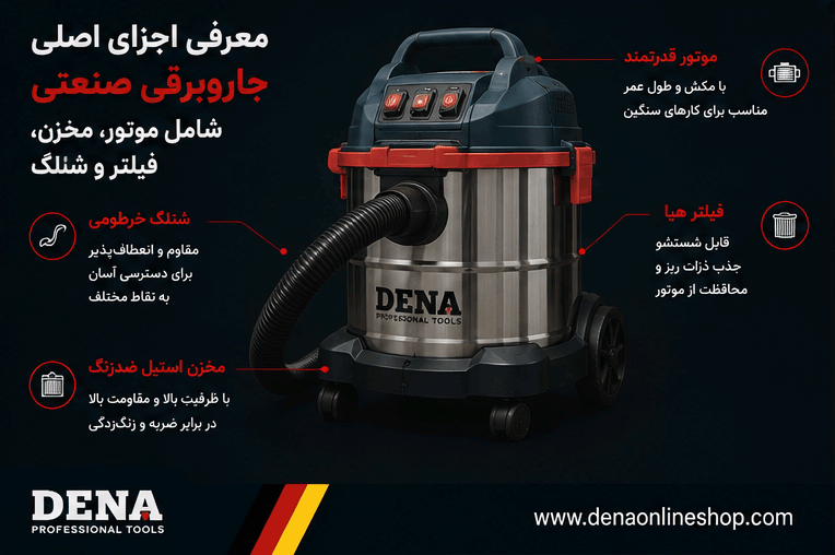 معرفی اجزای اصلی جاروبرقی صنعتی شامل موتور، مخزن، فیلتر و شلنگ