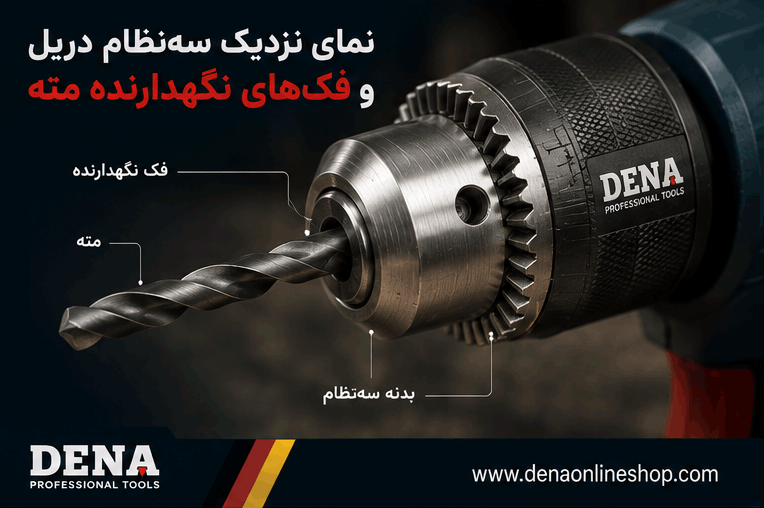نمای نزدیک سهنظام دریل و فکهای نگهدارنده مته